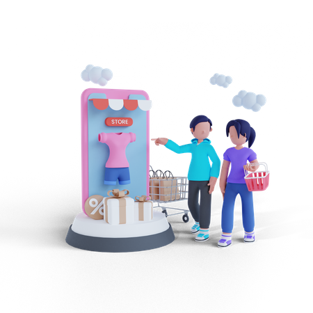 Couple shopping together using mobile app 3D Illustration