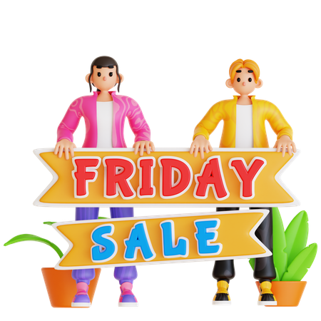 Couple Showing Friday Sale Banner  3D Illustration