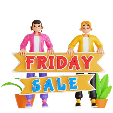 Couple Showing Friday Sale Banner  3D Illustration