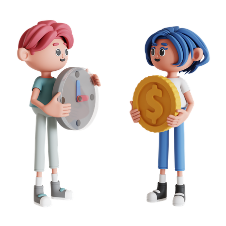 Couple Showing Time Is Money  3D Illustration