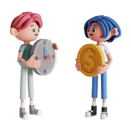 Couple Showing Time Is Money  3D Illustration