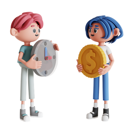 Couple Showing Time Is Money  3D Illustration