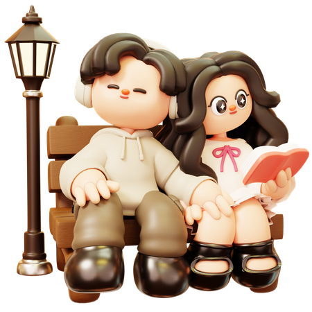 Couple Sitting On Park Bench  3D Illustration