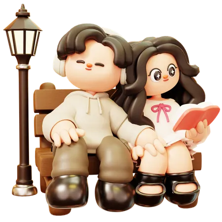 Cute Cartoon 3 D Young Couple Character In Love Sitting On Park Bench Happy Love Couple In Relationship Activities Relationship Romance Dating Happy Valentine Day And Anniversery 3D Illustration