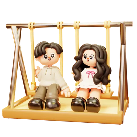 Cute Cartoon 3 D Young Couple Character In Love Sitting On Swing In Park Playground Happy Love Couple In Relationship Activities Relationship Romance Dating Happy Valentine Day And Anniversery 3D Illustration