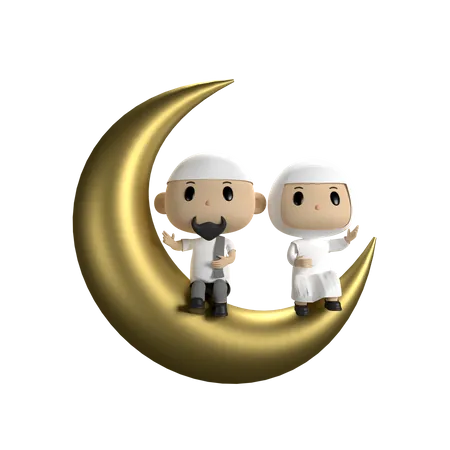 Couple Sitting On The Moon  3D Illustration