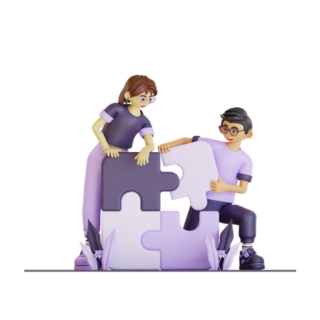 Couple Solving Puzzle  3D Illustration