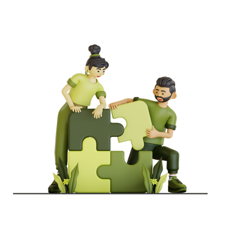 Couple Solving Puzzle  3D Illustration