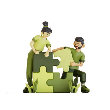 Couple Solving Puzzle  3D Illustration