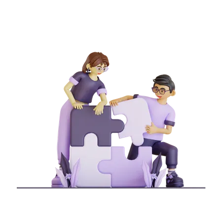 Couple Solving Puzzle 3D Illustration
