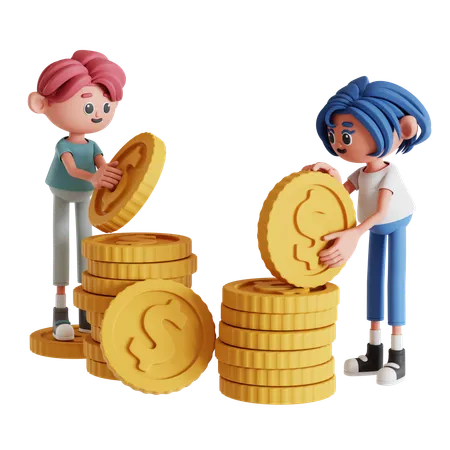 Couple Stacking Money  3D Illustration
