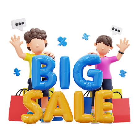 Couple Standing With Big Sale Text  3D Illustration