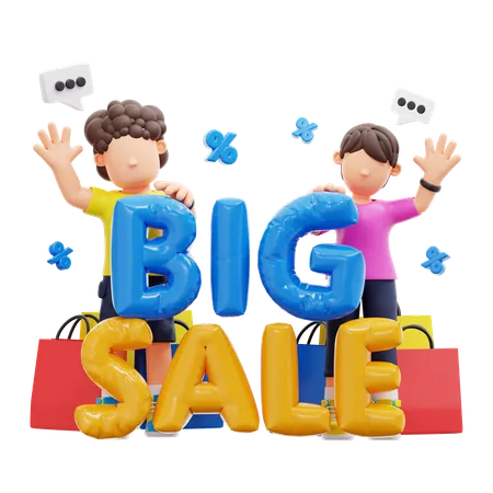 Couple Standing With Big Sale Text  3D Illustration