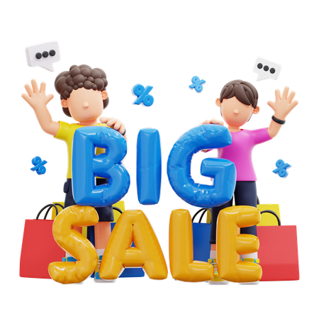 Couple Standing With Big Sale Text  3D Icon