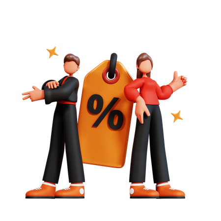 Couple standing with discount tag  3D Illustration
