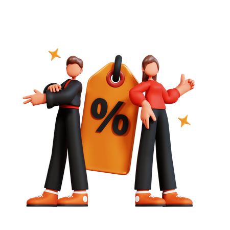 Couple standing with discount tag  3D Illustration