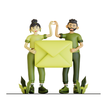 Couple Team Holding Envelope  3D Illustration