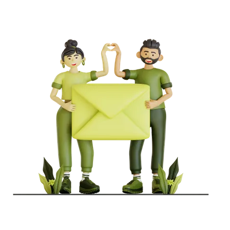 Couple Team Holding Envelope  3D Illustration