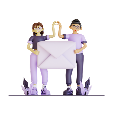 Couple Team Holding Envelope  3D Illustration