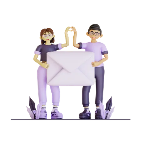 Couple Team Holding Envelope  3D Illustration