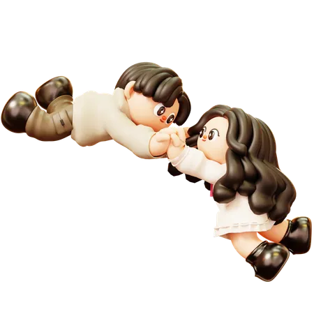 Couple tenant la main et flottant dans l'air  3D Illustration