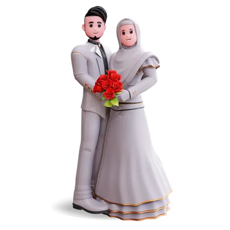 Couple tenant un bouquet de fleurs  3D Illustration