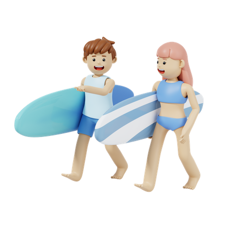Couple tenant une planche de surf  3D Illustration