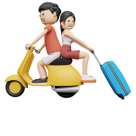 Couple travelling to new places through Scooter  3D Illustration