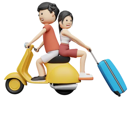 Couple travelling to new places through Scooter  3D Illustration