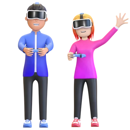 Man And Woman Wearing Virtual Reality Headset And Playing Game Illustration 3 D Render 3D Illustration
