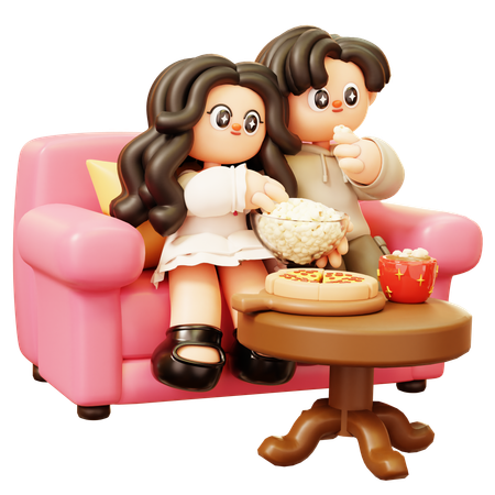 Couple Watching Movie And Holding Popcorn  3D Illustration