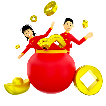 Couple with bag of Chinese coins  3D Illustration