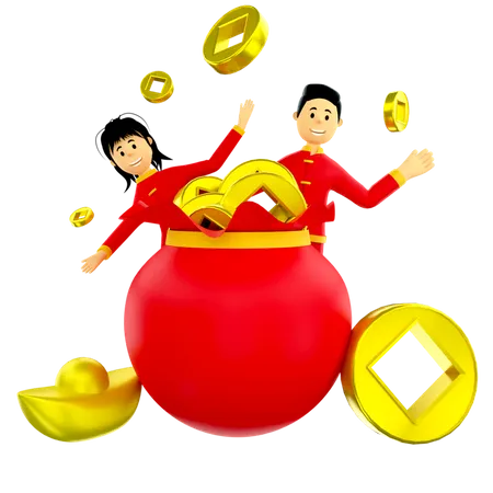 Couple with bag of Chinese coins  3D Illustration