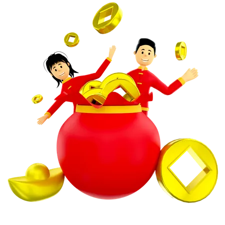 Couple with bag of Chinese coins 3D Illustration