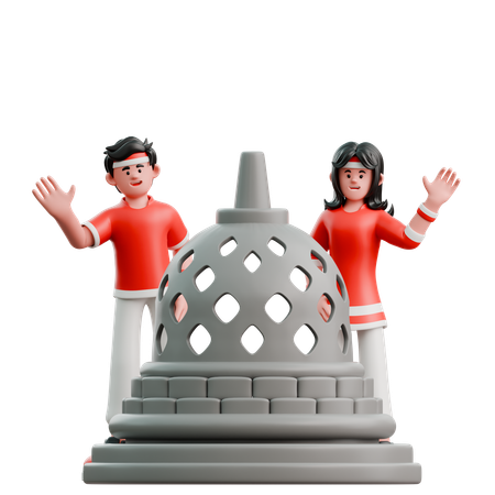 ボロブドゥール寺院とカップル  3D Illustration
