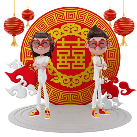 Couple with Chinese lucky coin  3D Icon