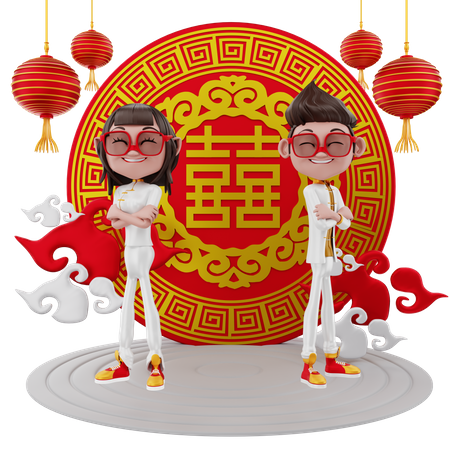 Couple with Chinese lucky coin  3D Illustration