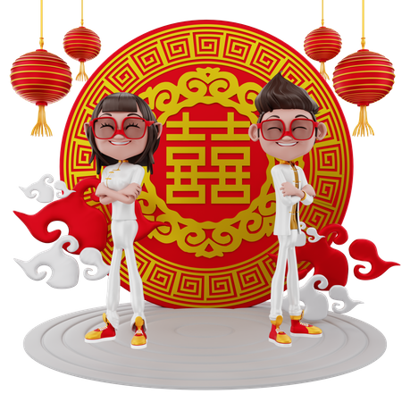 Couple with Chinese lucky coin 3D Illustration