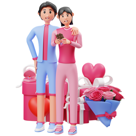 Couple With Valentine Gift  3D Illustration