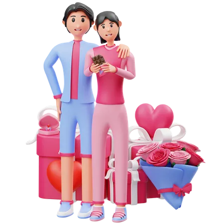 Couple With Valentine Gift  3D Illustration