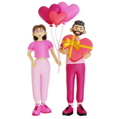 Couple with valentine gift and balloons  3D Icon