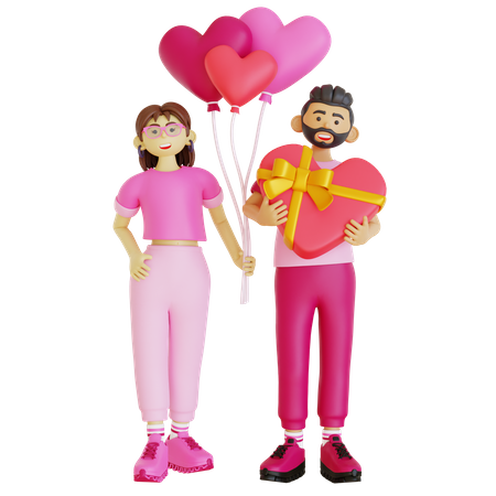 Couple with valentine gift and balloons  3D Illustration
