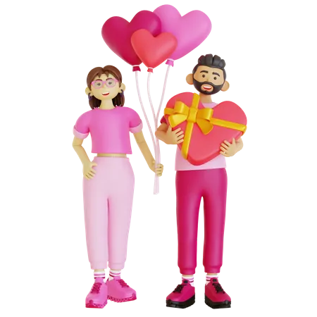 Couple with valentine gift and balloons  3D Illustration