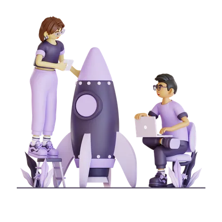 Couple Working On New Startup  3D Illustration