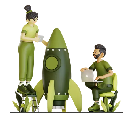 Couple Working On New Startup 3D Illustration