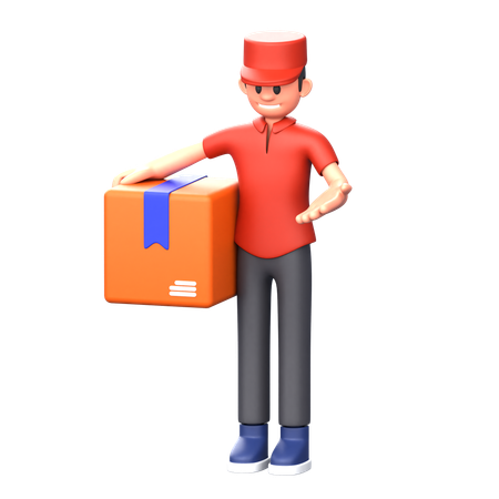 Courier boy carrying box while showing something  3D Illustration