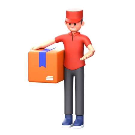 Courier boy carrying box while showing something  3D Illustration