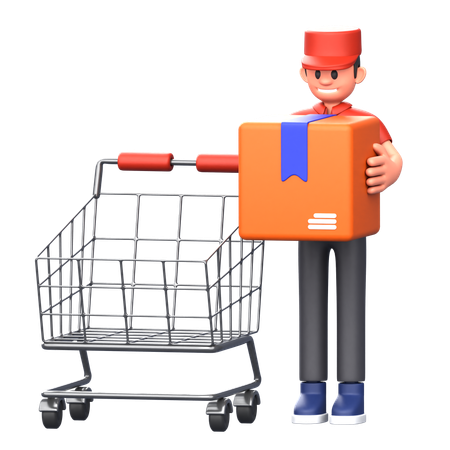 Courier boy holding box with shopping cart  3D Illustration