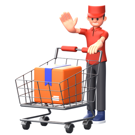 Courier boy holding logistic cart while waving hand  3D Illustration