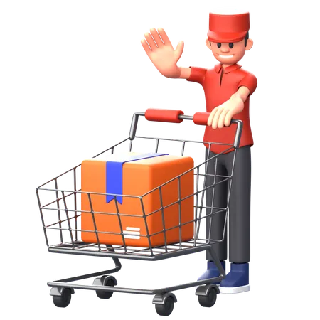 Courier boy holding logistic cart while waving hand  3D Illustration